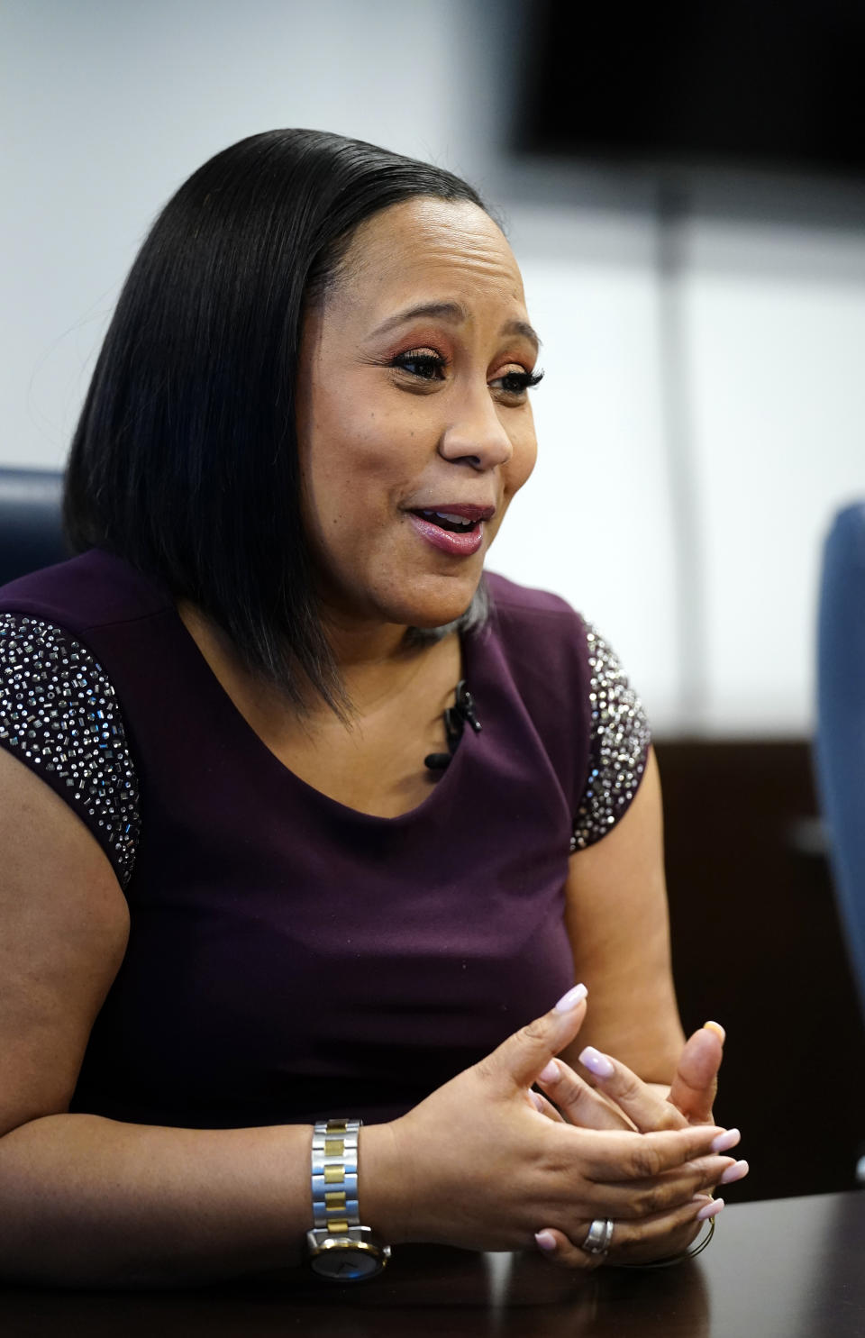 Fulton County District Attorney Fani Willis speaks during an interview at her office, Wednesday, Feb. 24, 2021, in Atlanta. (AP Photo/John Bazemore)