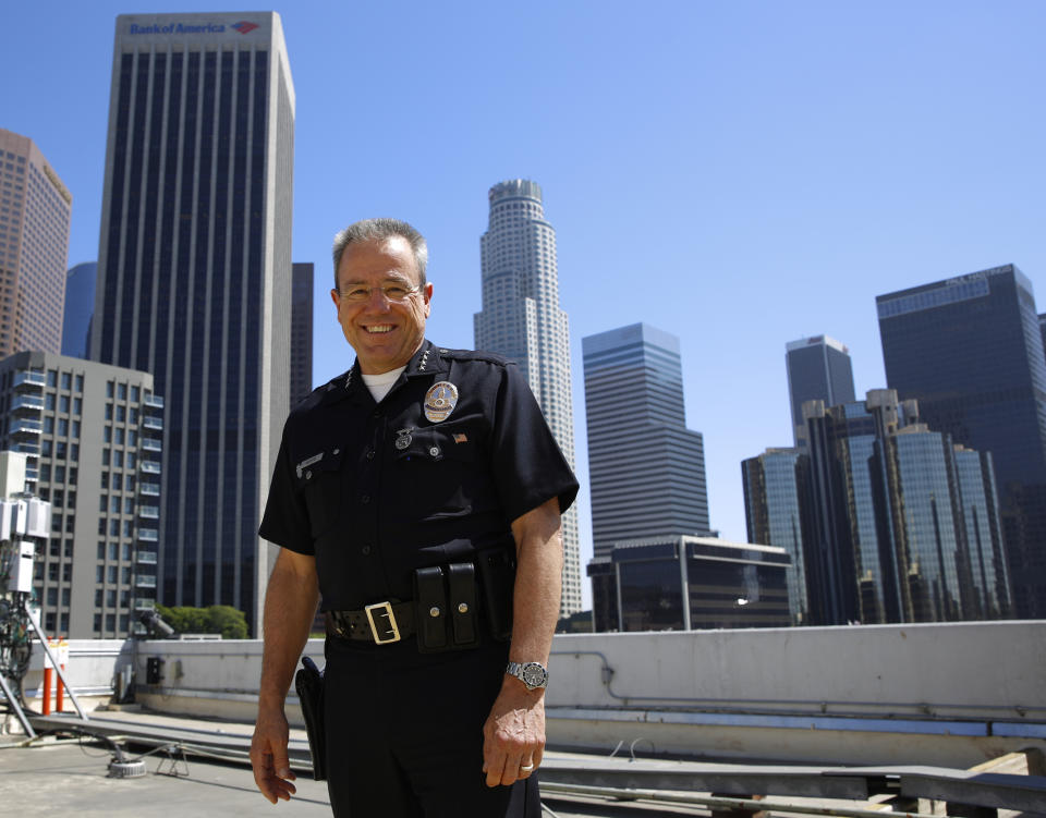 FILE - In this Wednesday, July 10, 2019, photo Los Angeles Police Department Chief Michel Moore poses for a photo in downtown Los Angeles. Moore announced his retirement Friday, Jan. 12, 2024, in an unexpected departure as the head of one of the nation's largest law enforcement agencies. (AP Photo/Damian Dovarganes, File)