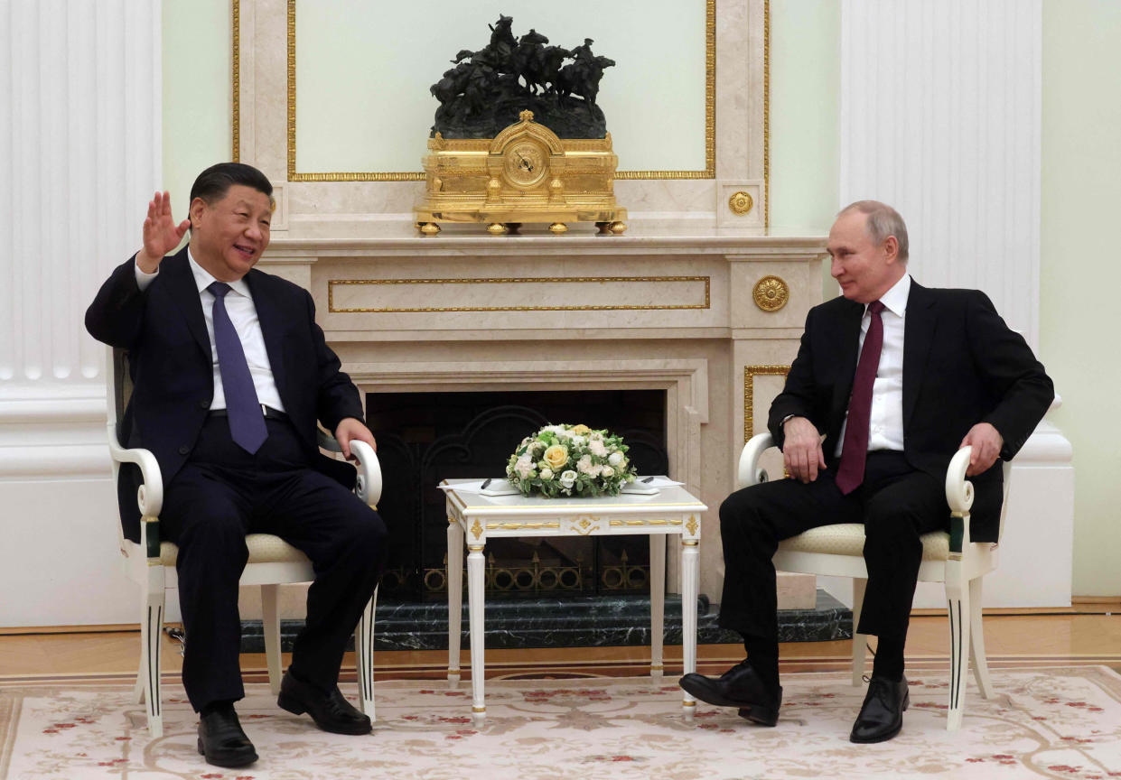 Russian President Vladimir Putin meets with China's President Xi Jinping at the Kremlin in Moscow on March 20, 2023. (Sergei Karphukhin / Sputnik via AFP - Getty Images)