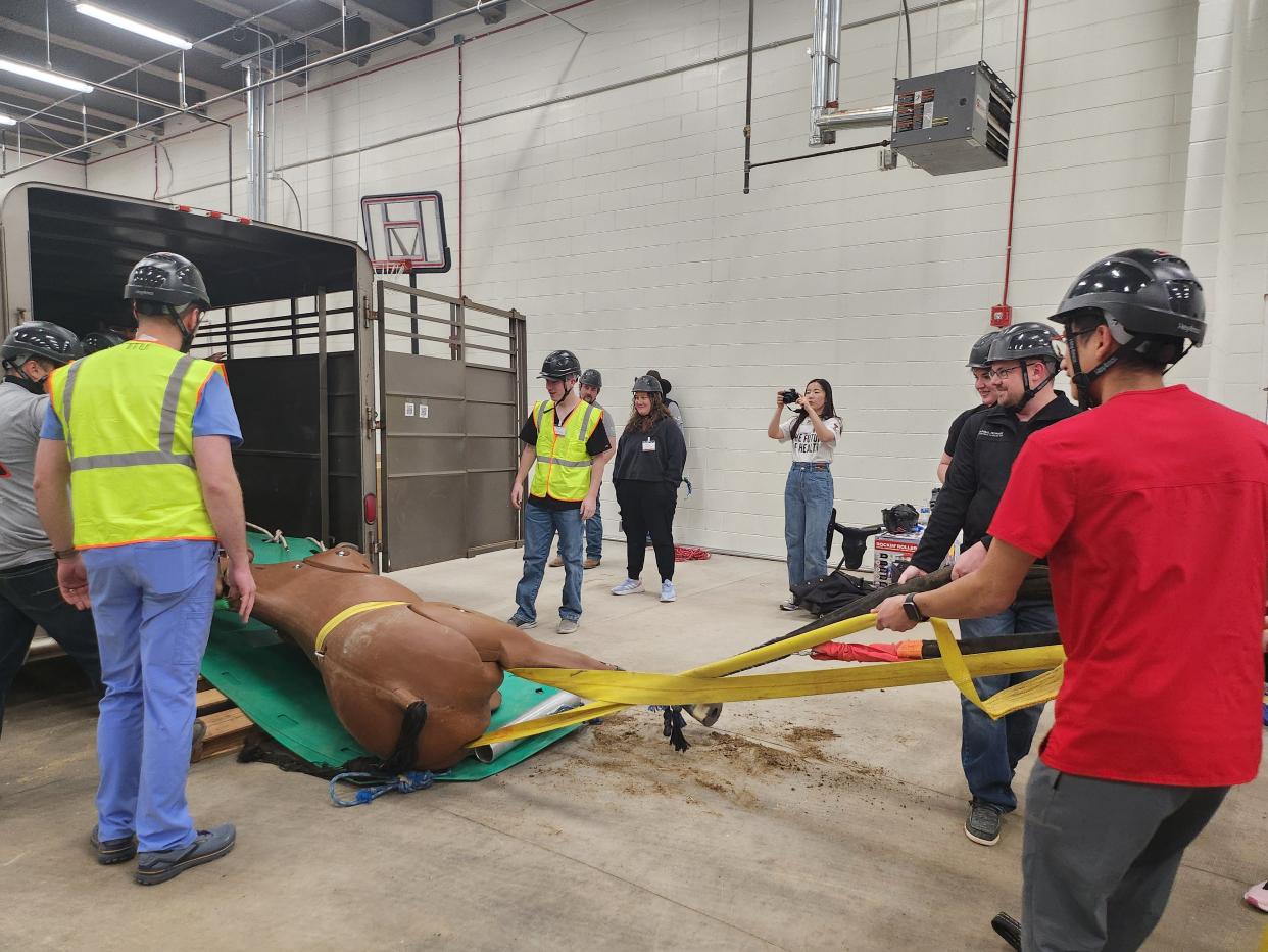 Students from the Texas Tech University Health Sciences Center schools of medicine, nursing, veterinary and more participate in Disaster Day simulations Thursday including a triage station, basic life-saving and bleed control, team lift skills, an AMBUS (ambulance bus) station and an animal rescue station.