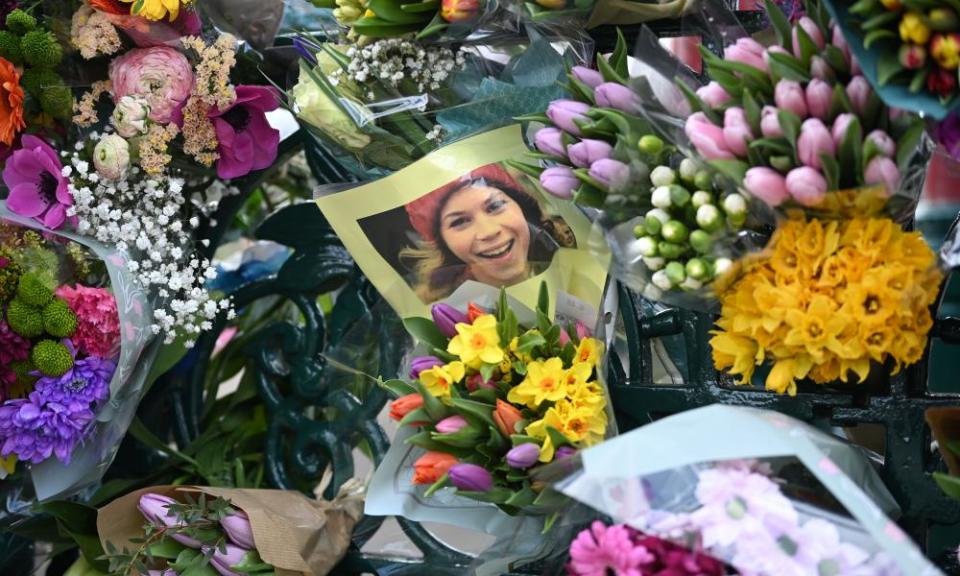 A photograph of the murdered Sarah Everard is left with tributes to her at the bandstand on Clapham Common in March last year.