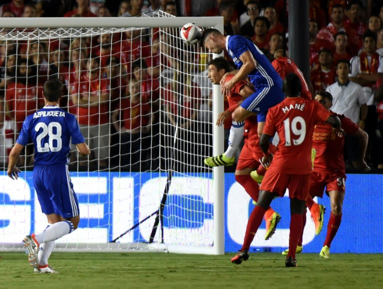 Chelsea's Gary Cahill heads the ball to score during the International Champions Cup game against Liverpool