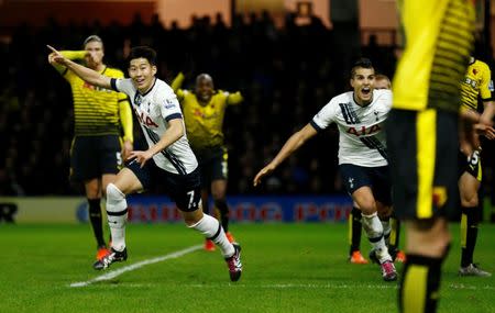 Football Soccer - Watford v Tottenham Hotspur - Barclays Premier League - Vicarage Road - 28/12/15 Son Heung Min celebrates scoring the second goal for Tottenham Reuters / Eddie Keogh Livepic