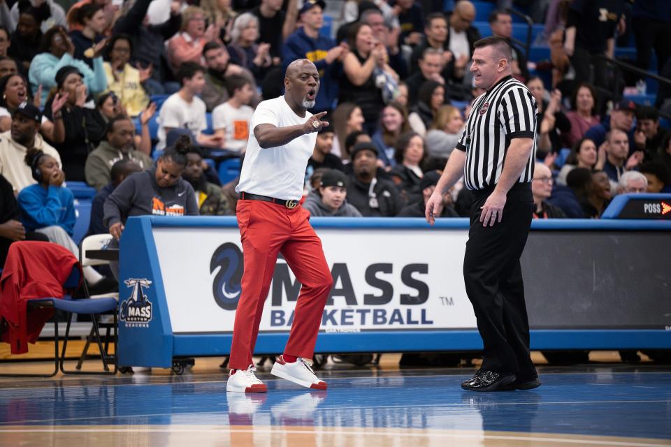 North boys' basketball coach Al Pettway pleads with a referee during Wednesday night's Division 1 state semifinal against Xaverian.