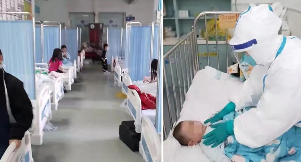 Photos of children inside a hospital after testing positive to Covid-19. Source: The Paper