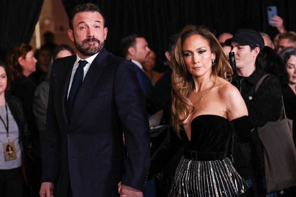 HOLLYWOOD, LOS ANGELES, CALIFORNIA, USA - FEBRUARY 13: Ben Affleck and wife Jennifer Lopez (JLo) wearing a Zuhair Murad Couture gown with Joseph Saidian and Sons vintage Van Cleef & Arpels diamond earrings and A.Jaffe diamond rings arrive at the Los Angeles Premiere Of Amazon MGM Studios’ ‘This Is Me...Now: A Love Story’ held at the Dolby Theatre on February 13, 2024 in Hollywood, Los Angeles, California, United States. (Photo by Xavier Collin/Image Press Agency/Sipa USA)