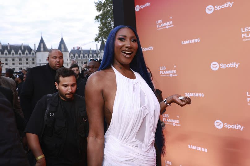 Aya Nakamura arrives at the Flammes awards Thursday, April 25, 2024 in Paris.