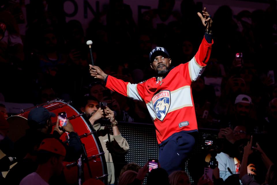 Miami Heat forward Udonis Haslem plays the drum prior to an NHL playoff game between the Florida Panthers an Toronto Maple Leafs in Sunrise, Florida on May 7.