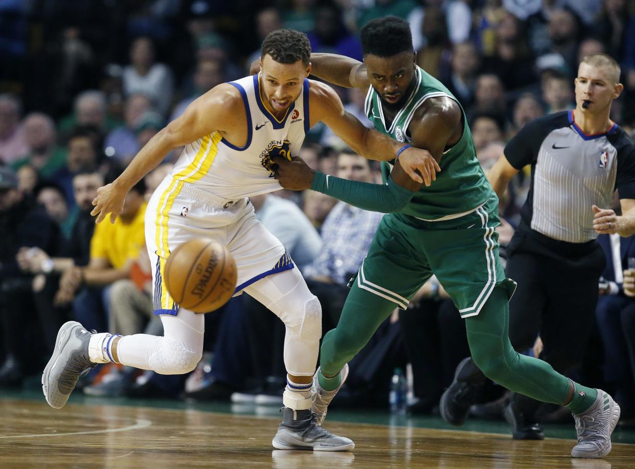 Celtics swingman Jaylen Brown brought a level of physicality and aggression that Stephen Curry and the Warriors had a hard time matching. (AP)