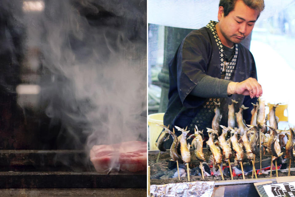 Smoke gets in your eyes (left). Grilling skewers of fish over charcoal (right).