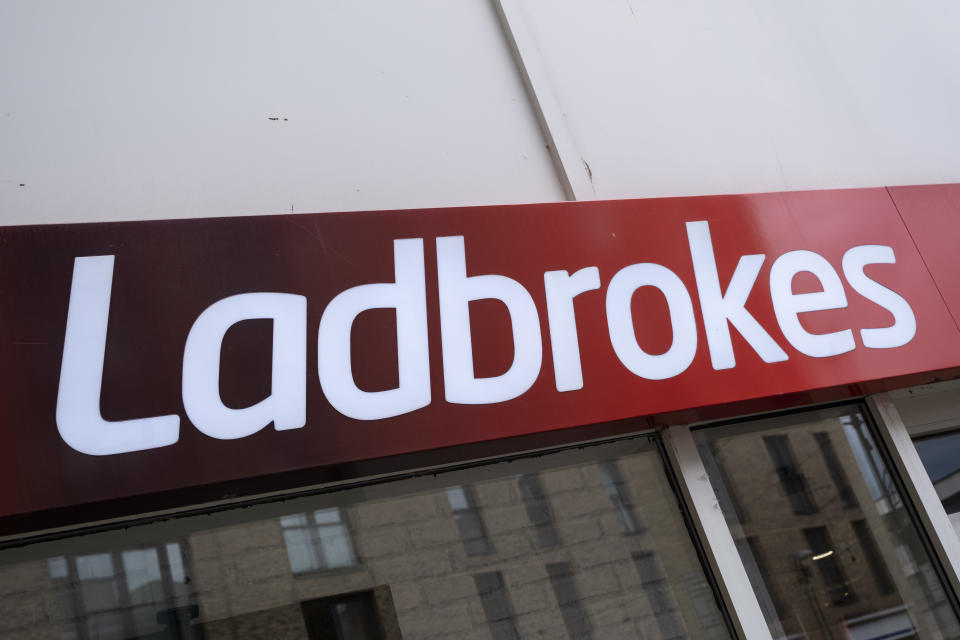 entain Sign for the bookmakers brand Ladbrokes on 30th May 2022 in Birmingham, United Kingdom. (photo by Mike Kemp/In Pictures via Getty Images)