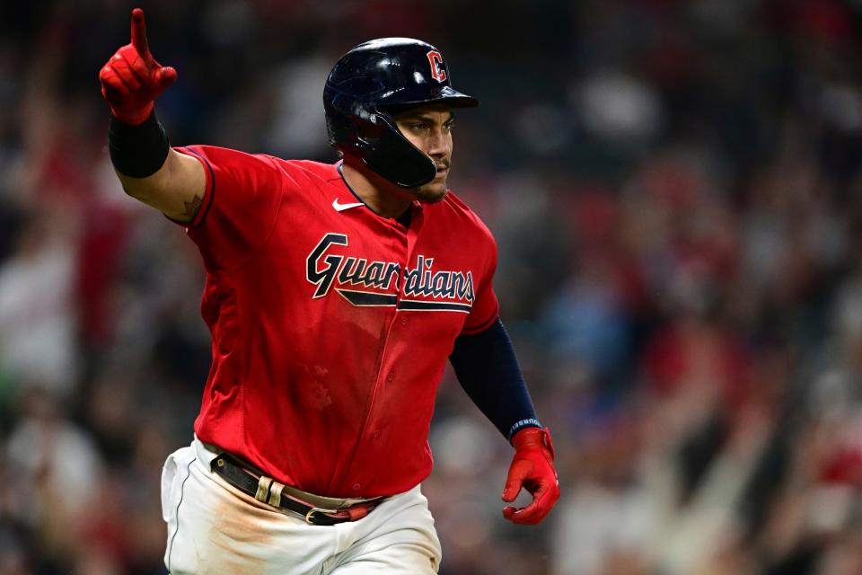 Cleveland Guardians' Josh Naylor runs the bases after hitting a solo home run off Oakland Athletics relief pitcher Sam Long Wednesday in Cleveland.