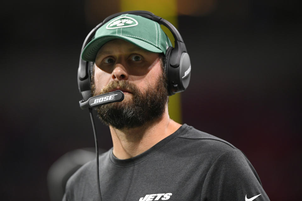 New York Jets head coach Adam Gase watches play against the Atlanta Falcons during the second half an NFL preseason football game, Thursday, Aug. 15, 2019, in Atlanta. (AP Photo/John Amis)