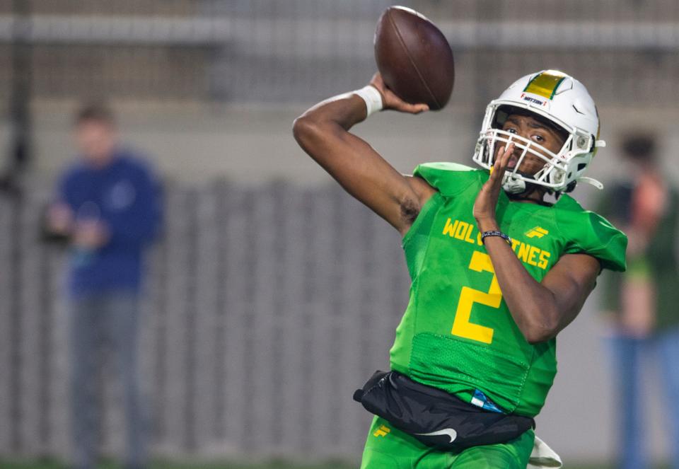 Carver's Terrell Russell (2) passes the ball at Cramton Bowl in Montgomery, Ala., on Friday, Nov. 10, 2023. Briarwood Christian leads Carver 25-0 at halftime.