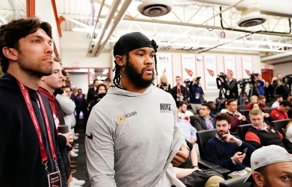 Quarterback Kyler Murray arrives as Jonathan Gannon is introduced as the new head coach of the Arizona Cardinals during a news conference at the Cardinals training facility in Tempe on Feb. 16, 2023.