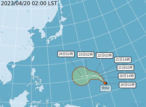 氣象局表示不排除最快今晚熱帶性低氣壓TD02就會增強成今年第一號颱風「珊瑚」。（圖／翻攝自氣象局）