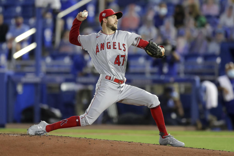 Los Angeles Angels starting pitcher Griffin Canning throws against the Toronto Blue Jays during the third inning of a baseball game Thursday, April 8, 2021, in Dunedin, Fla. (AP Photo/Mike Carlson)