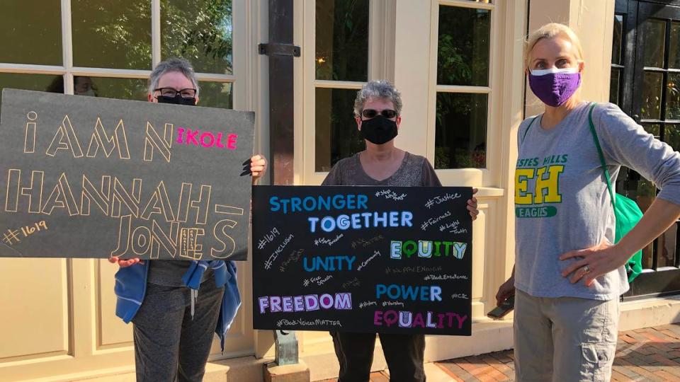 A group of protesters, including Wanda Hunter, Doreen Stein-Seroussiand Kim Talikoff, gathered outside of the UNC Board of Trustees meeting Thursday, May 20, 2021, calling for tenure for Nikole Hannah-Jones.