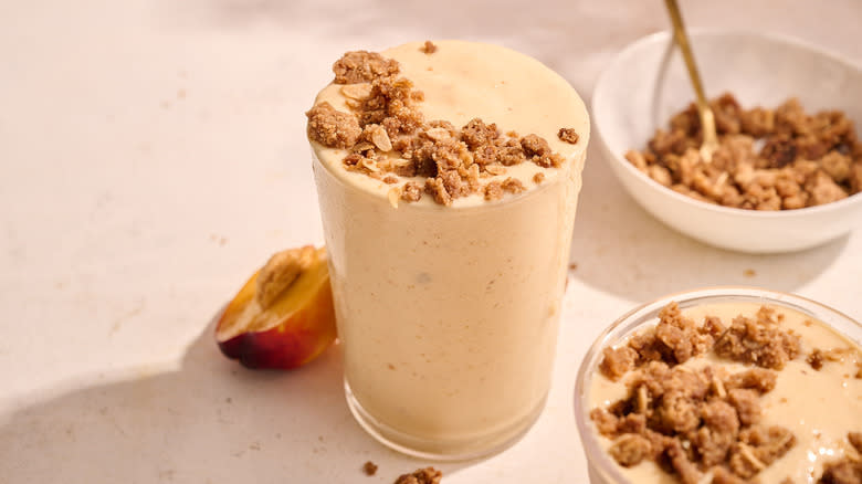 peach cobbler smoothie on table