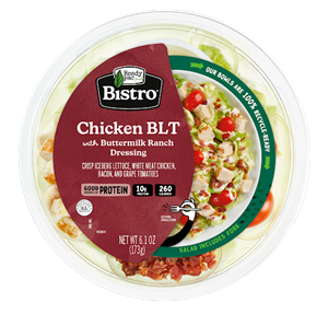 The NEW! Ready Pac Bistro Bowl Chicken BLT ready-to-eat salad features crisp iceberg lettuce with delicious white meat chicken, bacon and a burst of grape tomatoes, poured over with a velvety buttermilk Ranch dressing.