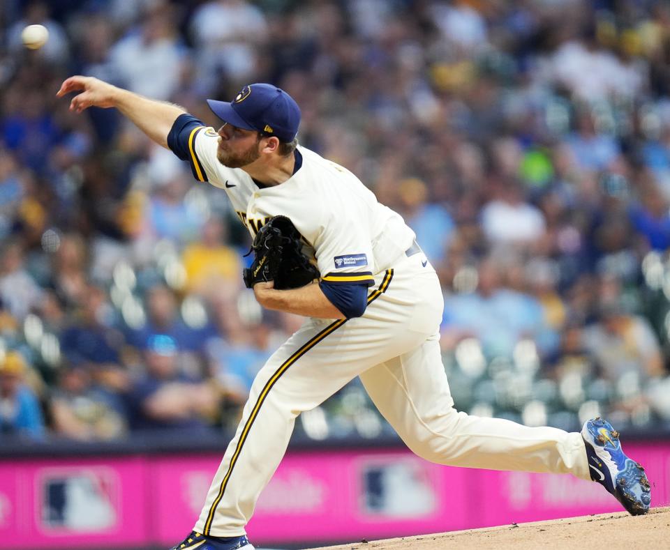 Corbin Burnes pitches during the first inning of the Milwaukee Brewers' wild card playoff game against the Arizona Diamondbacks on Tuesday.