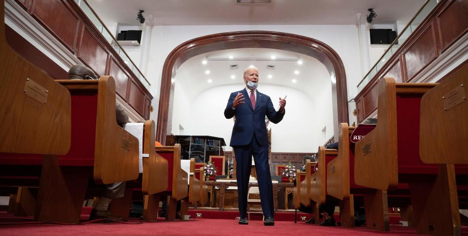 Former vice president and Democratic presidential candidate Joe Biden meets with clergy members and community activists during a visit to Bethel AME Church in Wilmington, Delaware on June 1, 2020. - Democratic presidential candidate Joe Biden visited the scene of an anti-racism protest in the state of Delaware on May 31, 2020, saying that the United States was "in pain". "We are a nation in pain right now, but we must not allow this pain to destroy us," Biden wrote in Twitter, posting a picture of him speaking with a black family at the cordoned-off site where a protesters had gathered on Saturday night. (Photo by JIM WATSON / AFP) (Photo by JIM WATSON/AFP via Getty Images)