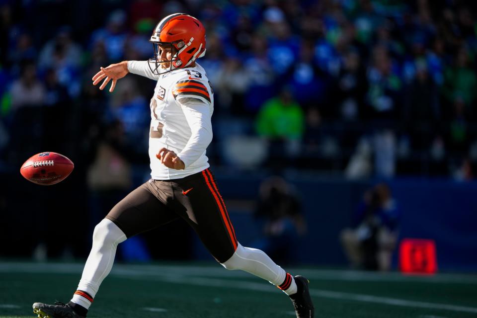 Cleveland Browns punter Corey Bojorquez makes a punt against the Seattle Seahawks on Oct. 29, 2023, in Seattle.