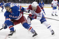 New York Rangers left wing Chris Kreider (20) skates against Montreal Canadiens left wing Artturi Lehkonen (62) during the second period of an NHL hockey game Friday, Dec. 6, 2019, at Madison Square Garden in New York. (AP Photo/Mary Altaffer)