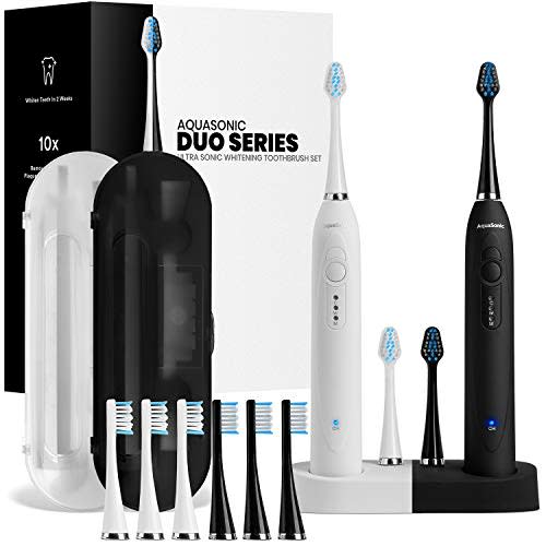 AquaSonic DUO Dual Handle Ultra Whitening 40,000 VPM Wireless Charging Electric ToothBrushes - 3 Modes with Smart Timers - 10 DuPont Brush Heads & 2 Travel Cases Included (Amazon / Amazon)