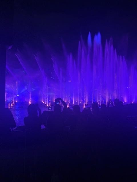 A vibrant water and light show features tall fountains illuminated in purple and blue hues while an audience in the foreground watches the performance