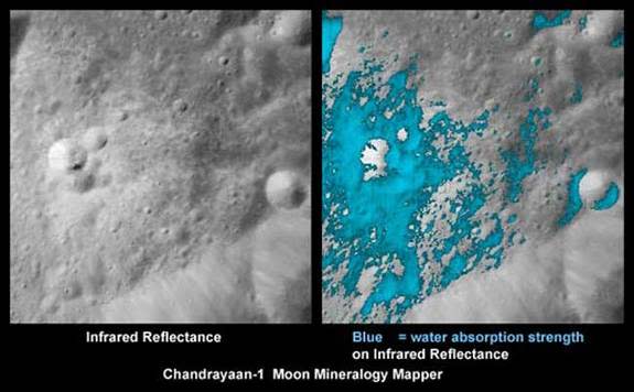 These images show a very young lunar crater on the side of the moon that faces away from Earth, as viewed by NASA's Moon Mineralogy Mapper on the Indian Space Research Organization's Chandrayaan-1 spacecraft. On the left is an image showing bri