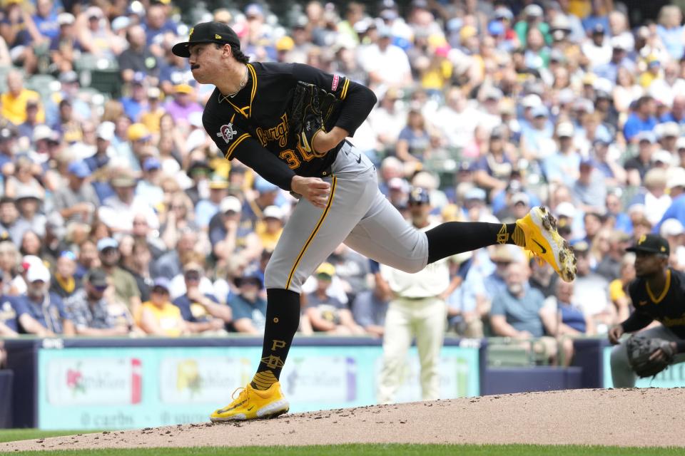 Pittsburgh Pirates pitcher Paul Skenes throws during the first inning of a baseball game against the Milwaukee Brewers Thursday, July 11, 2024, in Milwaukee. (AP Photo/Kayla Wolf)