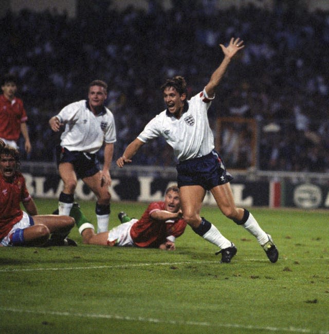 Gary Lineker celebrates scoring against Hungary