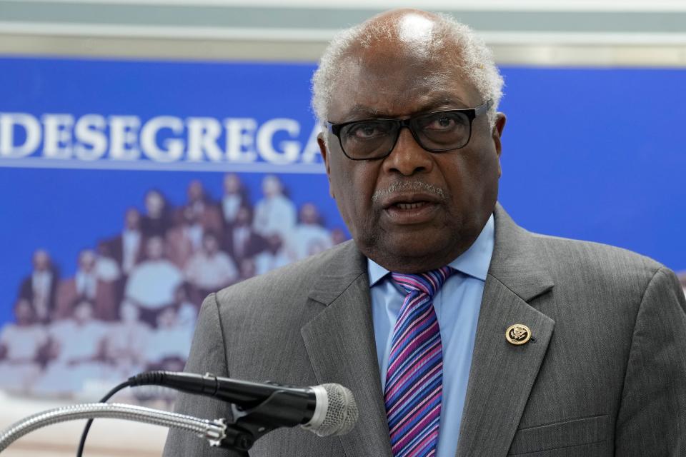 House Majority Whip Jim Clyburn speaks during a news conference with Interior Secretary Deb Haaland on Tuesday, Sept. 27, 2022, in Summerton, S.C. Haaland was in South Carolina to visit two schools where litigation over segregation led to the Supreme Court's historic Brown v. Board decision in 1954 declaring segregated schools unconstitutional. (AP Photo/Meg Kinnard)