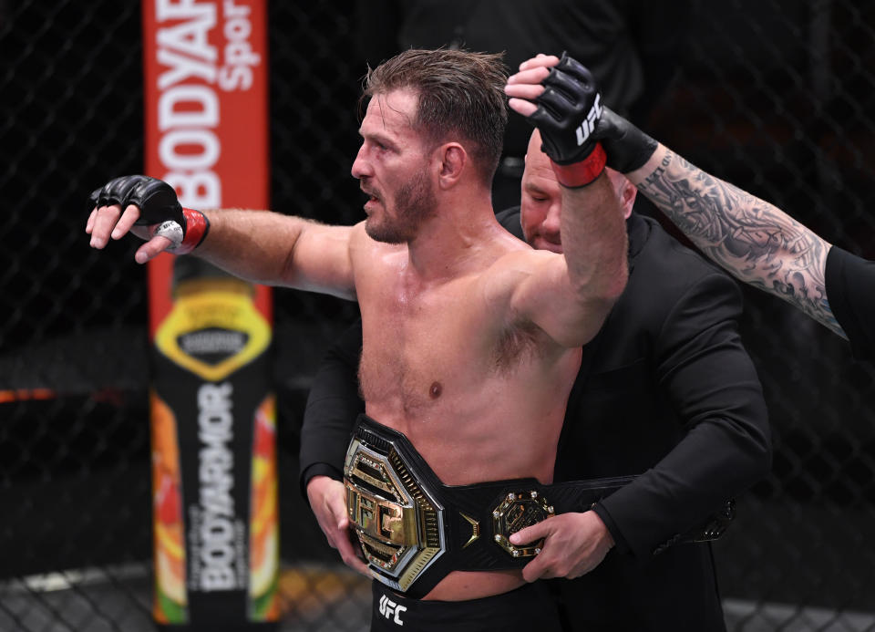 LAS VEGAS, NEVADA - AUGUST 15: Stipe Miocic celebrates after his victory over Daniel Cormier in their UFC heavyweight championship bout during the UFC 252 event at UFC APEX on August 15, 2020 in Las Vegas, Nevada. (Photo by Chris Unger/Zuffa LLC)