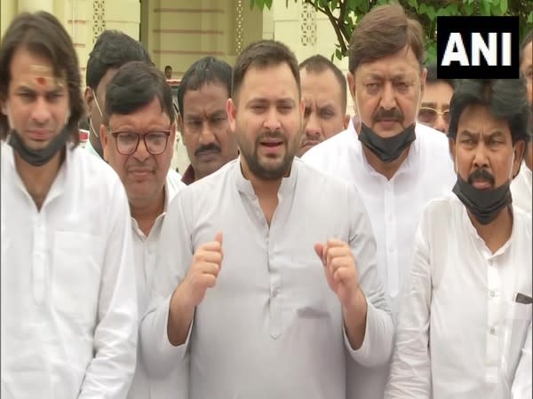 RJD leader Tejashwi Yadav speaking to reporters on Tuesday. (Photo/ANI)