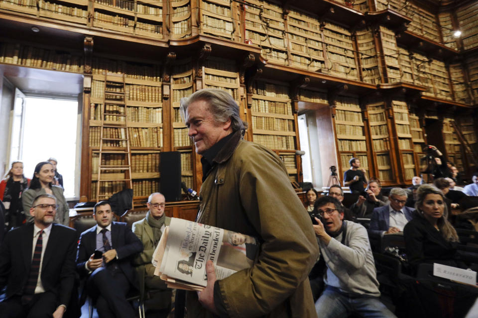 FILE - In this Thursday, March 21, 2019 file photo former White House strategist Steve Bannon arrives to deliver his speech on the occasion of a meeting at Rome's Angelica Library. Italy’s top administrative court, the Council of State, has ruled Monday March 15, 2021, against a conservative think tank affiliated with former White House adviser Steve Bannon over its use of the Certosa di Trisulti monastery, located in the province of Frosinone south of Rome, to train future populist leaders. (AP Photo/Gregorio Borgia, file)