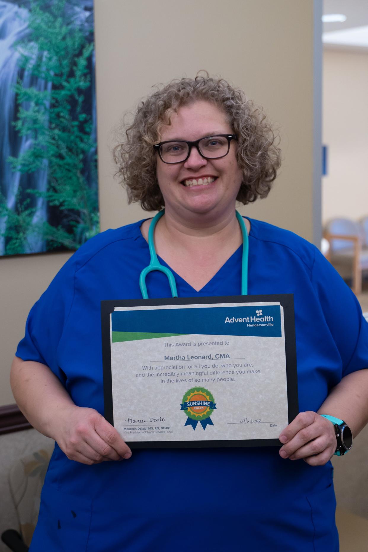 Martha Leonard, CMA with the AdventHealth Medical Group Family Medicine at Brevard team, is the newest recipient of the Sunshine Award from AdventHealth Hendersonville.