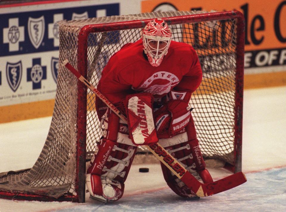 Detroit Red Wing goalie Mike Vernon at practice at Joe Louis Arena, May 13, 1997, as the Wings prepare to face the Colorado Avalanche in the playoffs in the Western Conference final.