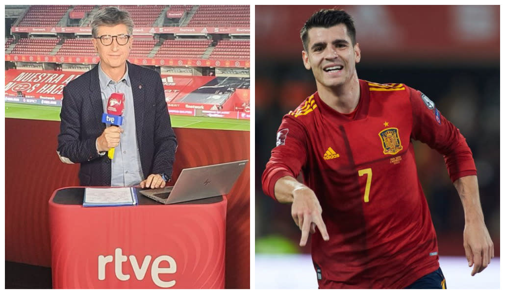 Juan Carlos Rivero se viene arriba endiosando a Álvaro Morata tras su gol. (Fuentes: Twitter/@JCRIVEROTV y Joaquin Corchero/Europa Press vía Getty Images)