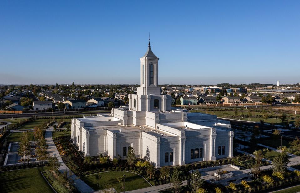 The Moses Lake Washington Temple basks in the late afternoon sunlight in Moses Lake, Washington, Friday, Sept. 15, 2023.