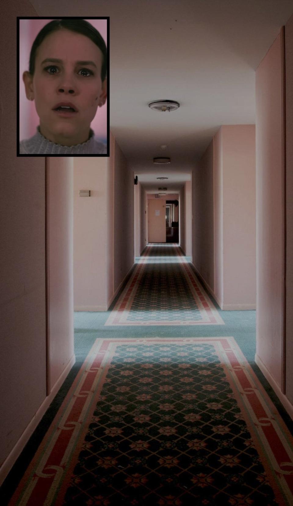 hotel hallway (insert) scared woman in "smile"