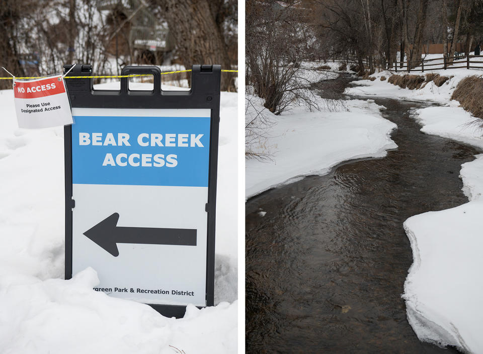 Left: a sign installed by Evergreen Park & Recreation District; right: a view of Bear Creek