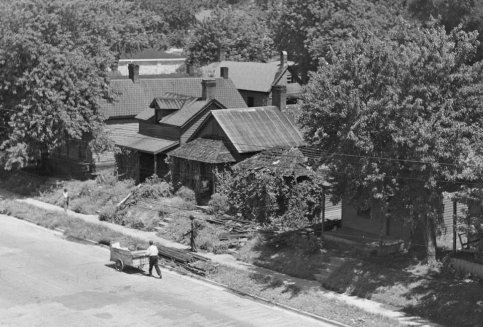 An aerial view of the Adamstown neighborhood in the early-mid 20th century. This is now where Memorial Coliseum stands.