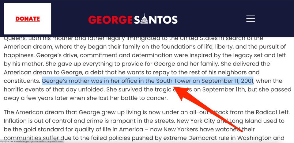 A screenshot of George Santos' campaign website showing his claim that his mother was at the World Trade Center on September 11, 2001.