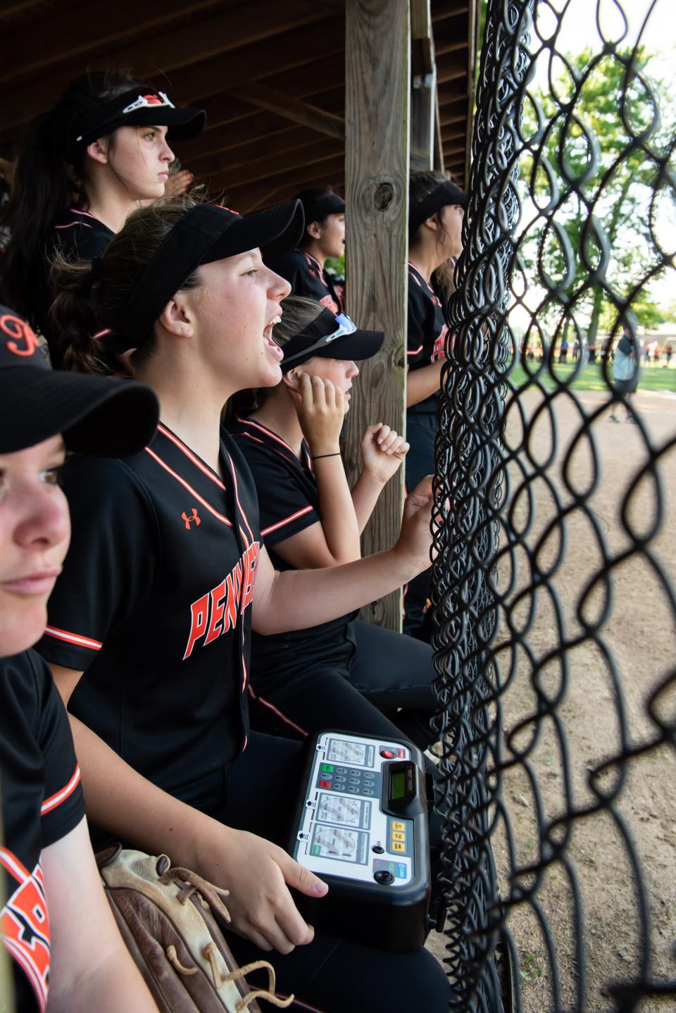 Pennsbury girls cheer on a teammate at bat in a PIAA Class 6A first round playoff game against Manheim at Pennsbury High School in Falls Township on Monday, June 6, 2022. The Falcons defeated the Blue Streaks 10-2 to advance to the quarterfinals.