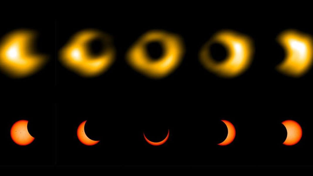  This composite shows radio images of the recent annular eclipse on top, with illustrations of their visible-light counterparts below. 