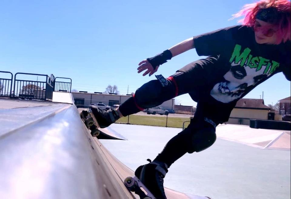 Abusements bass player Lyra Stephens skates at Montgomery Skatepark, where the Abusements and Bad Hygiene will perform Saturday.