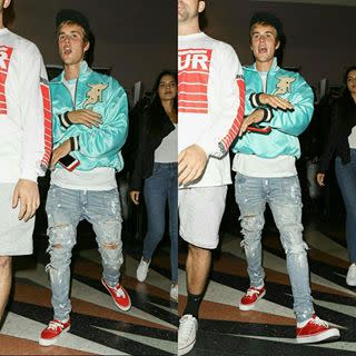 Justin Bieber Wears Louis Vuitton On the Road Red Bandana Sneakers and  Scarf, UpscaleHype