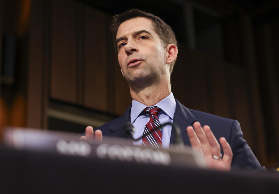 FILE - In this April 20, 2021, file photo, Sen. Tom Cotton, R-Ark., speaks during a Senate Judiciary Committee hearing on voting rights, on Capitol Hill in Washington. Republicans trying to drive a wedge between Democrats and chip away at President Joe Biden’s support are zeroing in on the violence in the Middle East. Cotton and Sen. Ted Cruz of Texas, both potential White House hopefuls in 2024, have focused in particular on Democratic Rep. Alexandria Ocasio-Cortez of New York and other progressives for criticizing Israel amid an escalating volley of missiles and airstrikes in Hamas-controlled Gaza that has killed hundreds of civilians over the last week. (Evelyn Hockstein/Pool via AP, File)